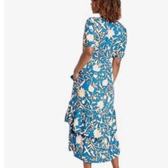 BLUE FLORAL RUFFLED WRAP MIDI DRESS BOHO CHIC SHORT SLEEVE  SZ M TRENDY - Picture 7 of 16